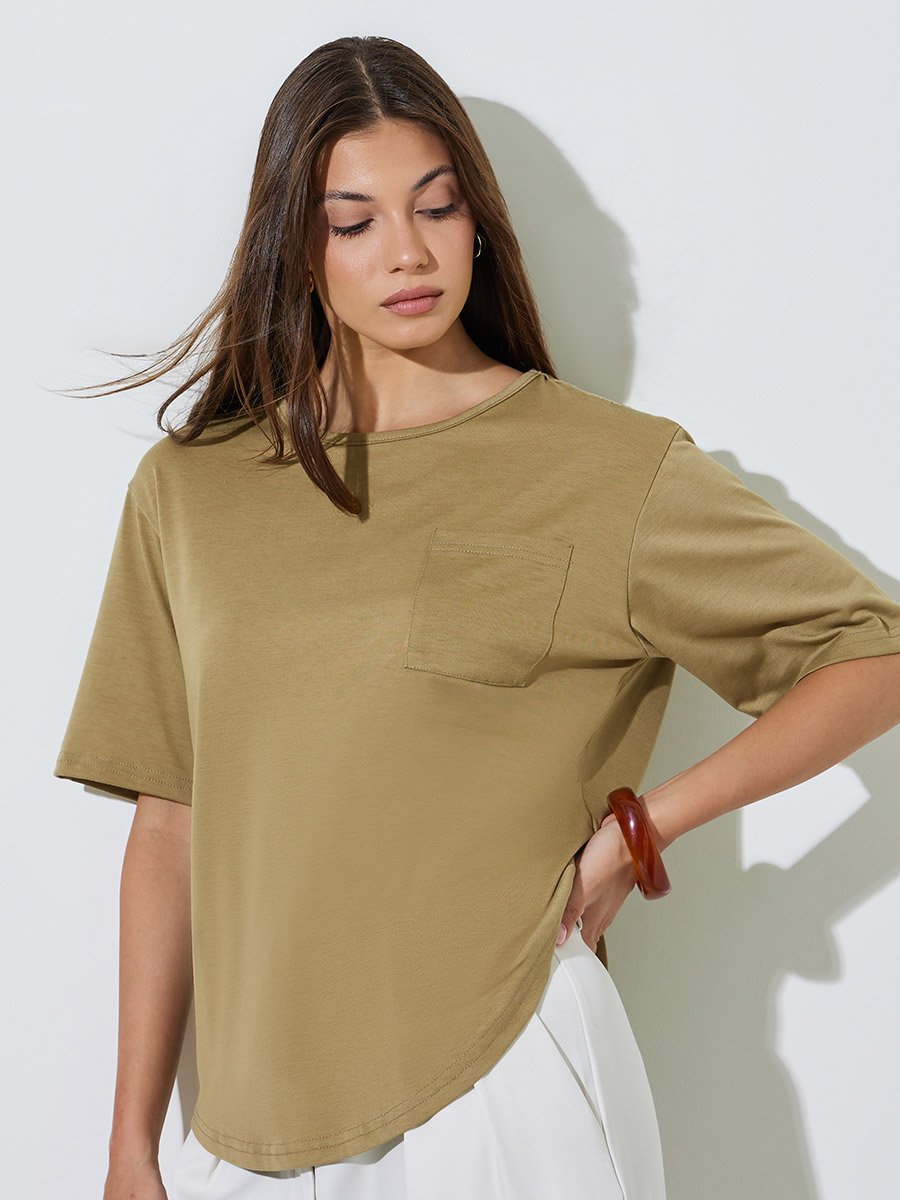 Brown Relaxed Fit Round Neck T-Shirt