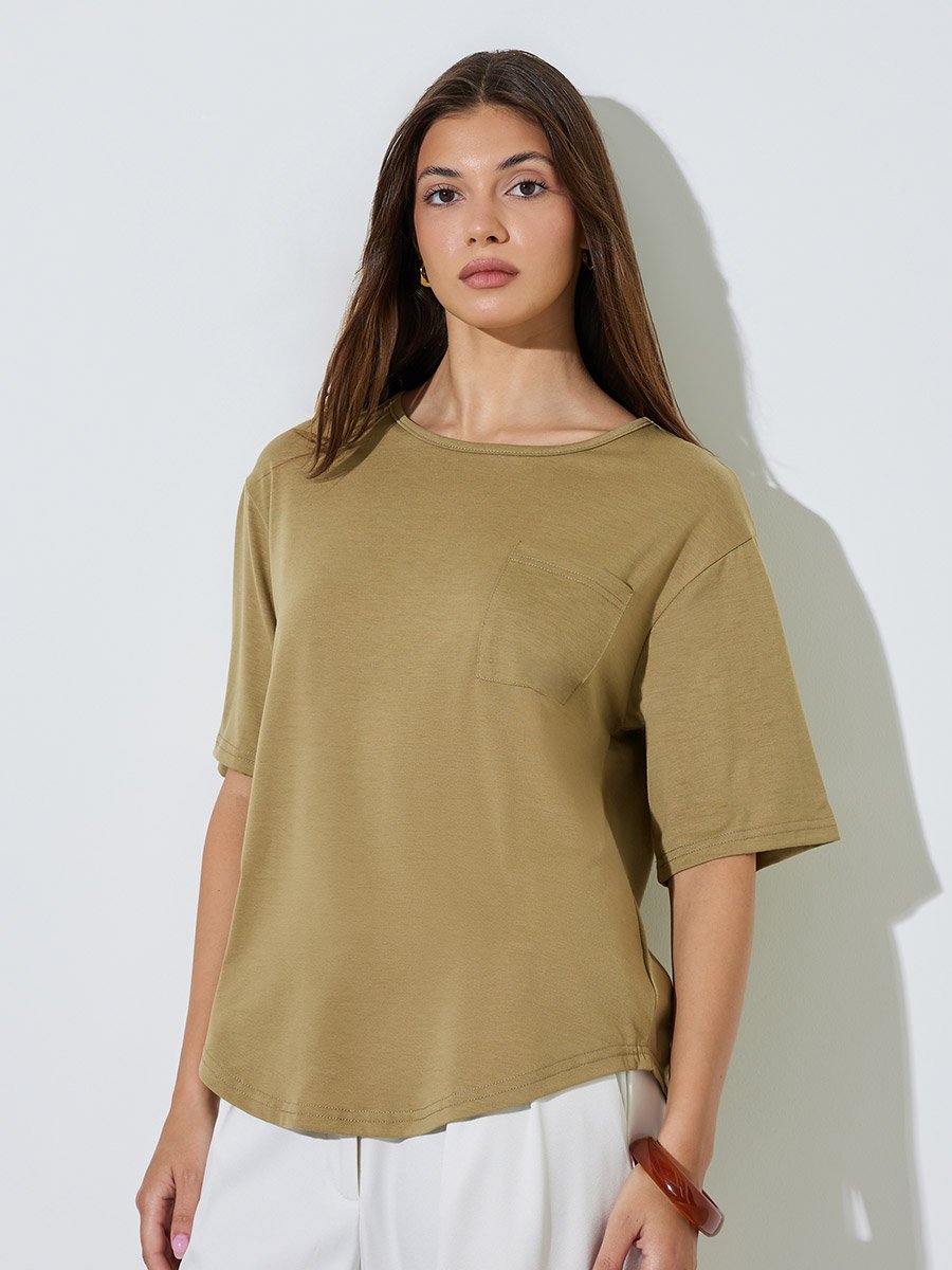 Brown Relaxed Fit Round Neck T-Shirt