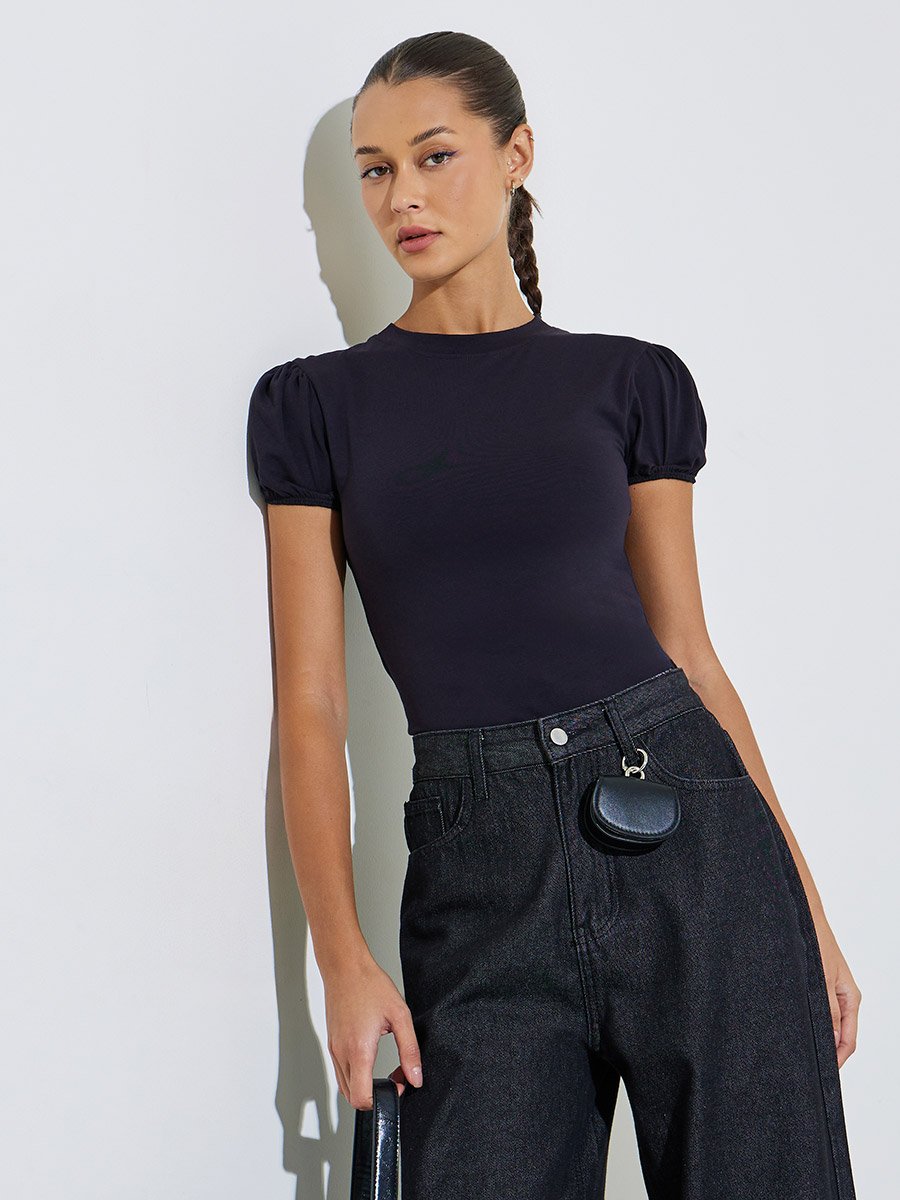Black Solid Puff Sleeves T-Shirt