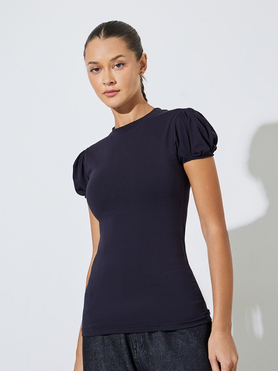 Black Solid Puff Sleeves T-Shirt