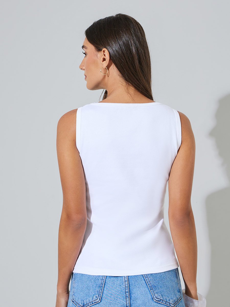 White Ribbed Square Neck Tank