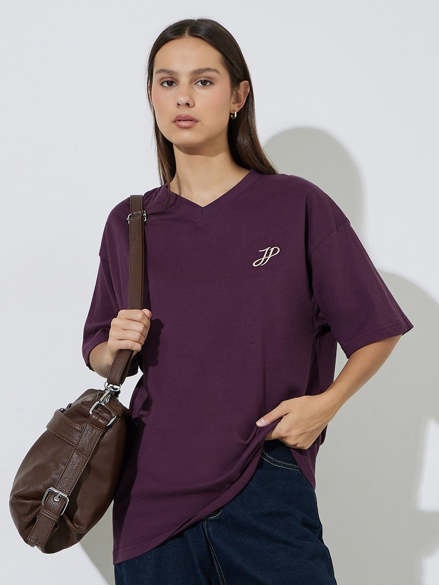 Purple Tonal Embroidery V Neck Oversized T-Shirt