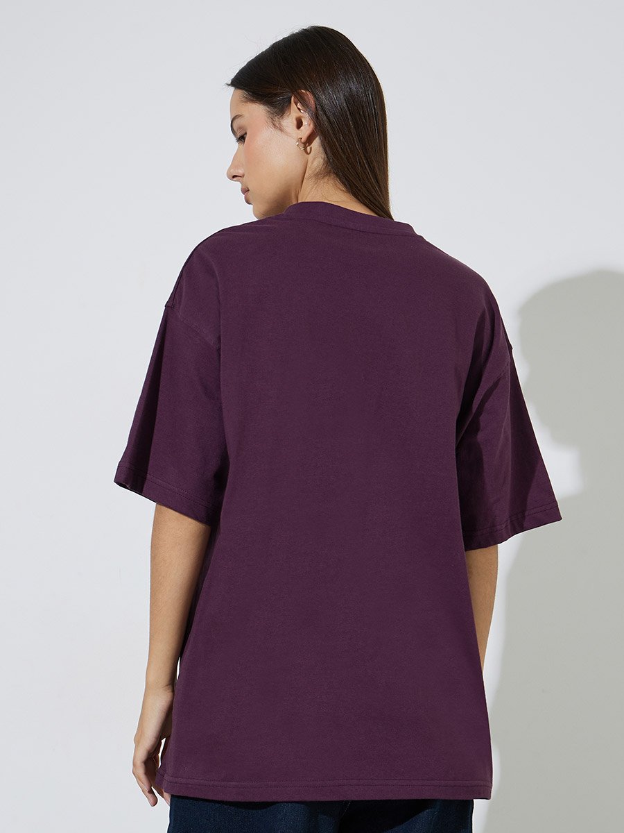 Purple Tonal Embroidery V Neck Oversized T-Shirt