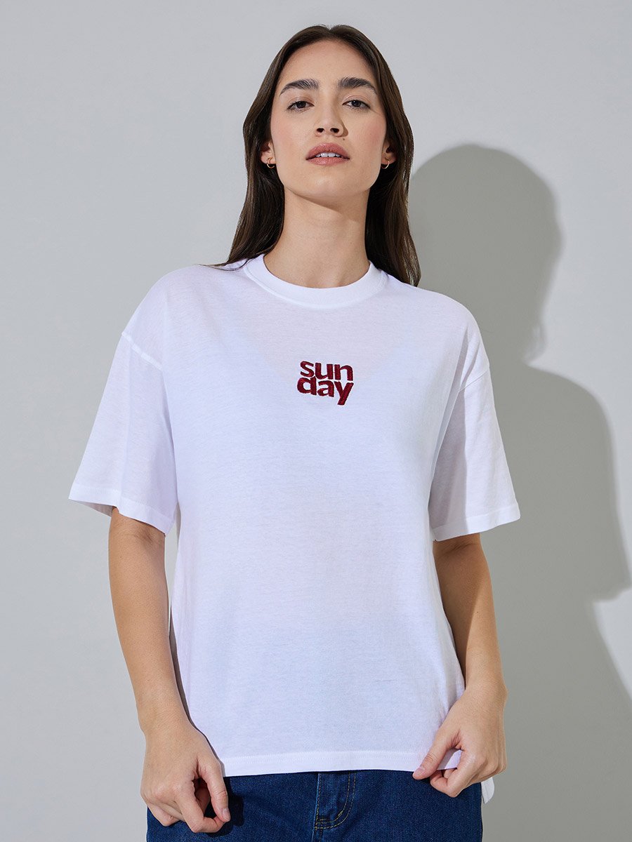White Embroidered Cotton Oversized T-Shirt
