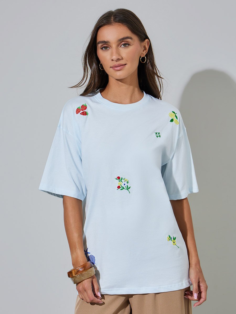 Light Blue Embroidered Round Neck Oversized T-Shirt