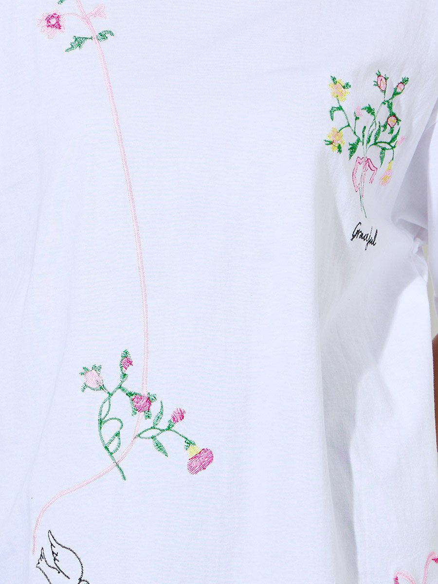 White Embroidered Round Neck Oversized T-Shirt