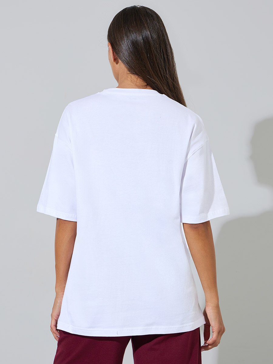 White Embroidered Round Neck Oversized T-Shirt