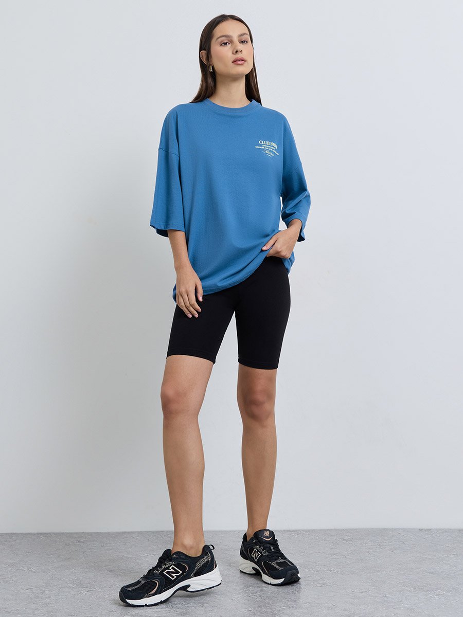 Blue Text Print Oversized T-Shirt