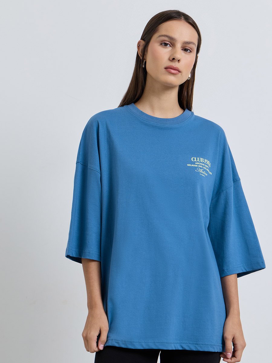 Blue Text Print Oversized T-Shirt