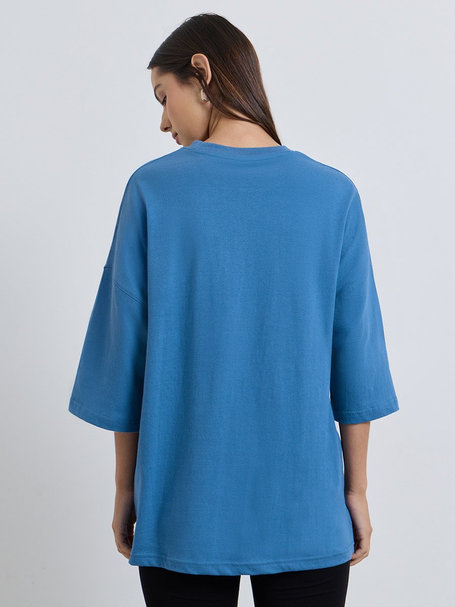 Blue Text Print Oversized T-Shirt
