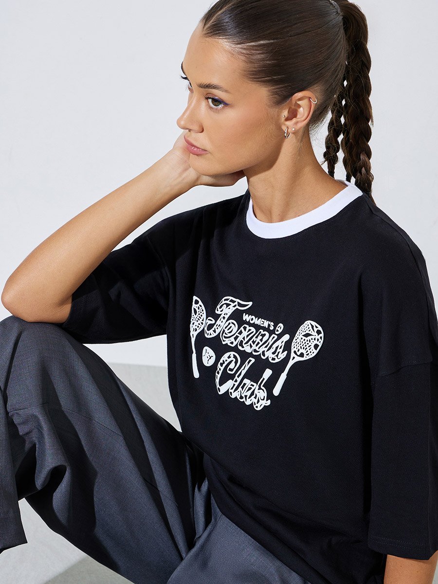 Black Graphic Print Contrast Neckline Oversized T-Shirt