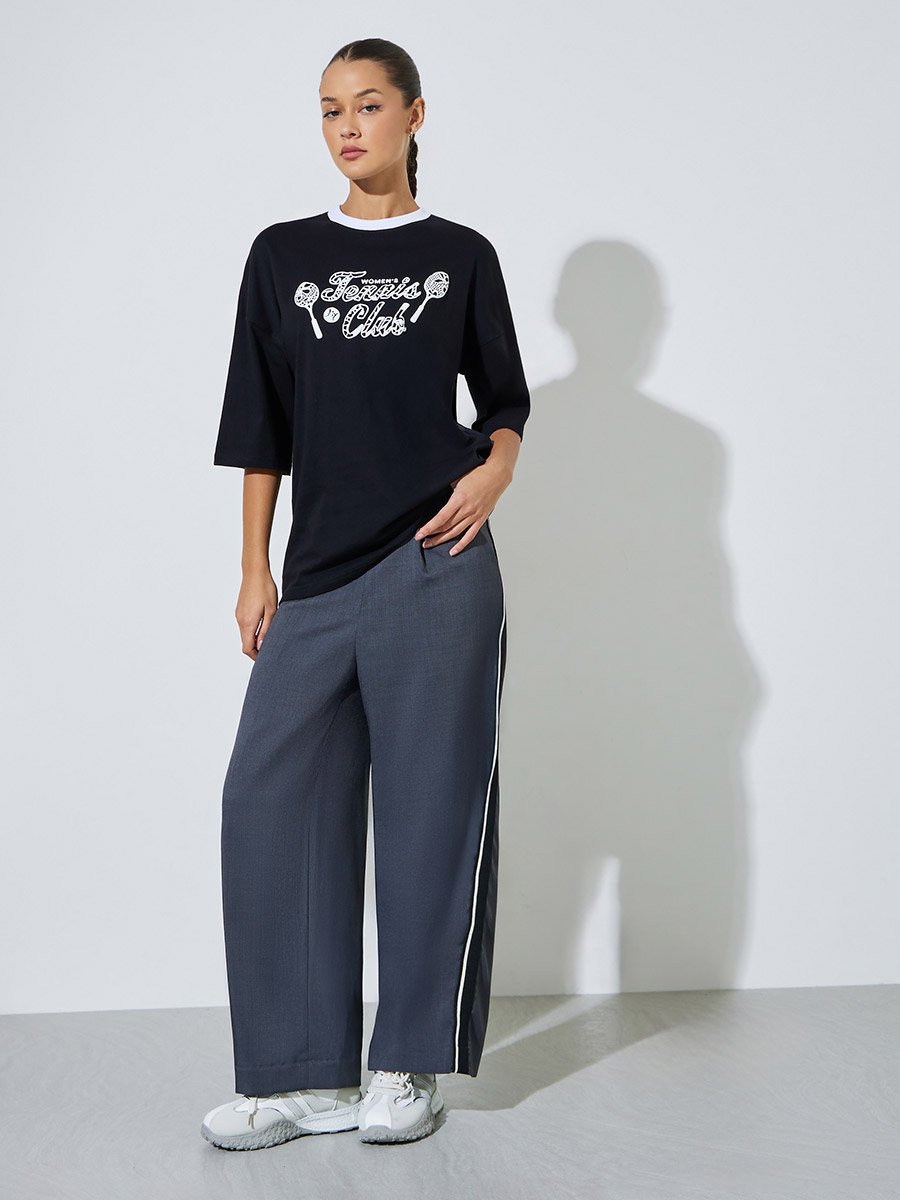 Black Graphic Print Contrast Neckline Oversized T-Shirt