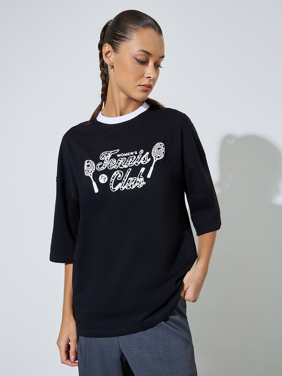 Black Graphic Print Contrast Neckline Oversized T-Shirt