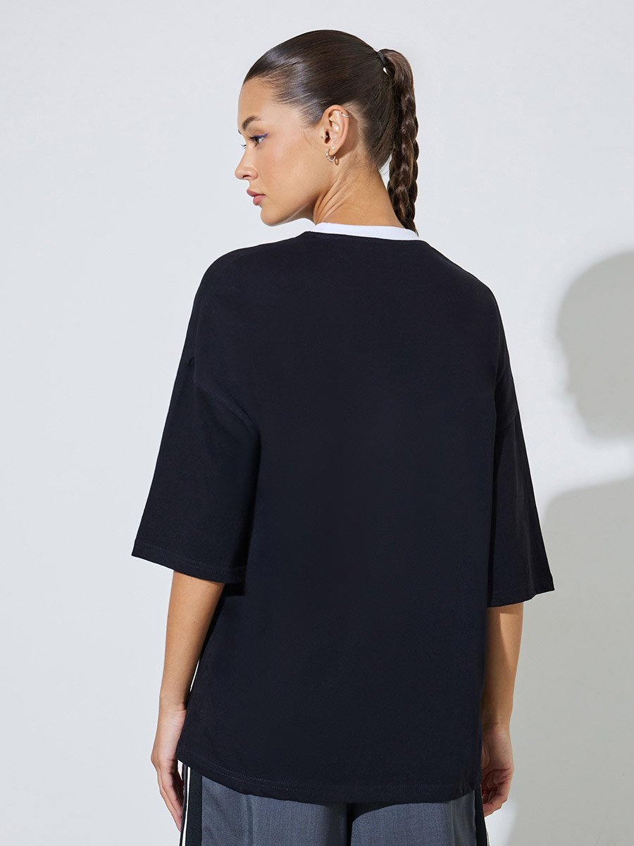 Black Graphic Print Contrast Neckline Oversized T-Shirt
