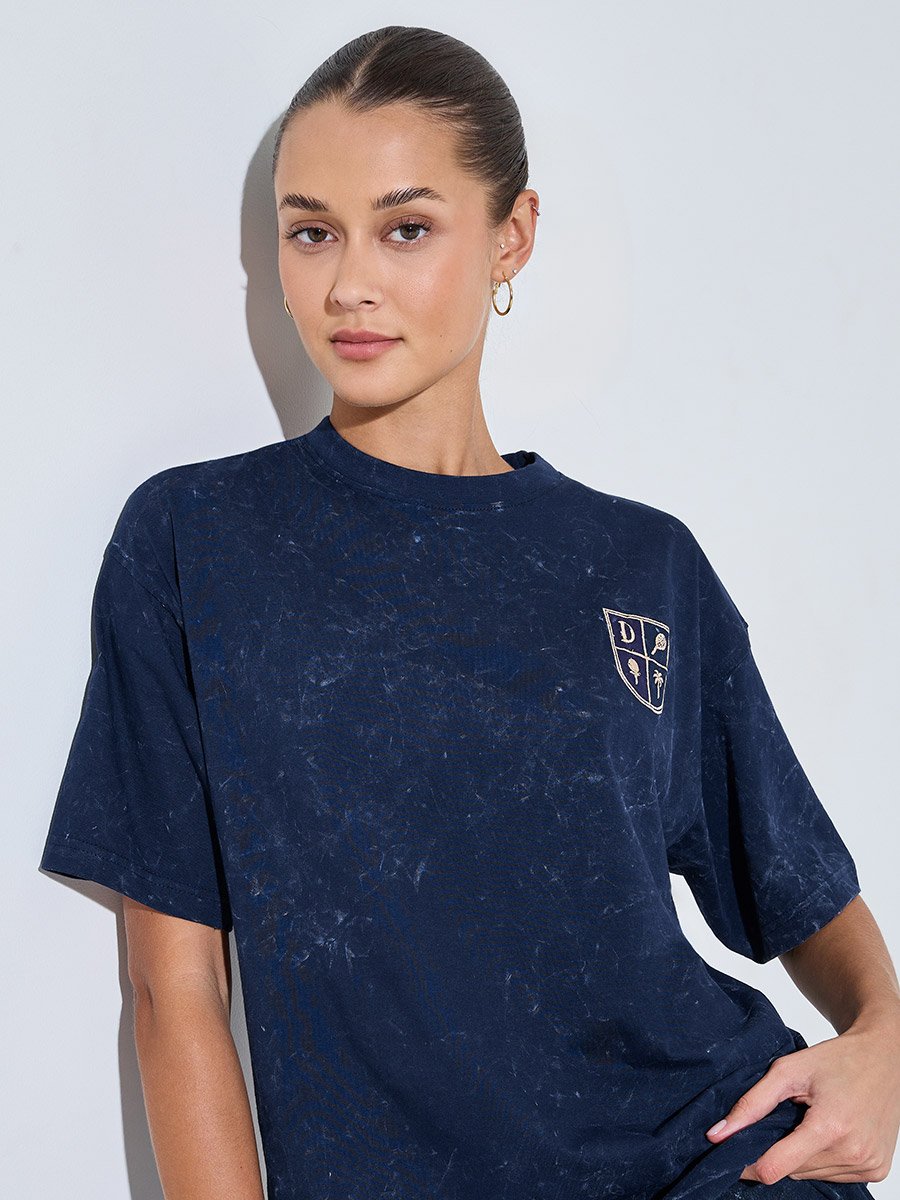 Navy Blue Acid Wash Embroidered Oversized T-Shirt