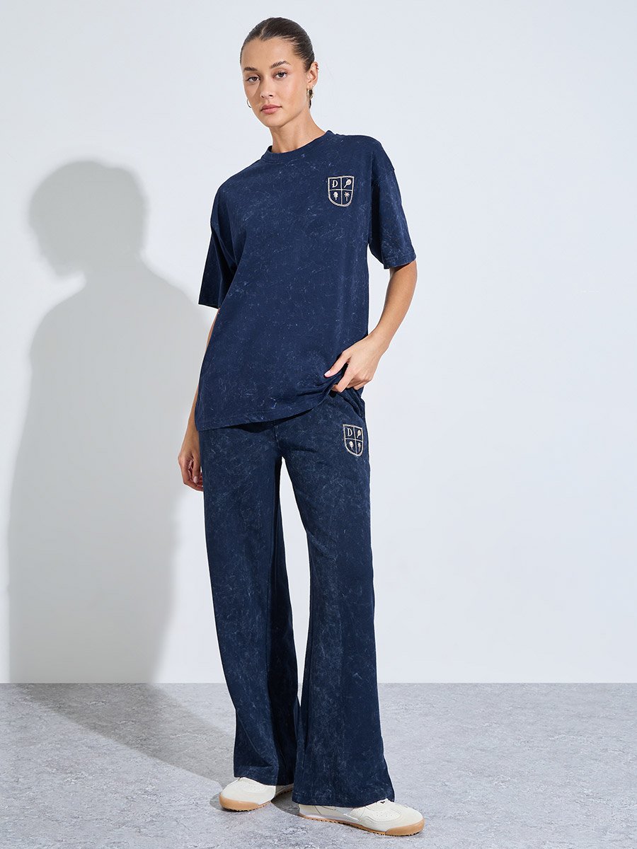 Navy Blue Acid Wash Embroidered Oversized T-Shirt