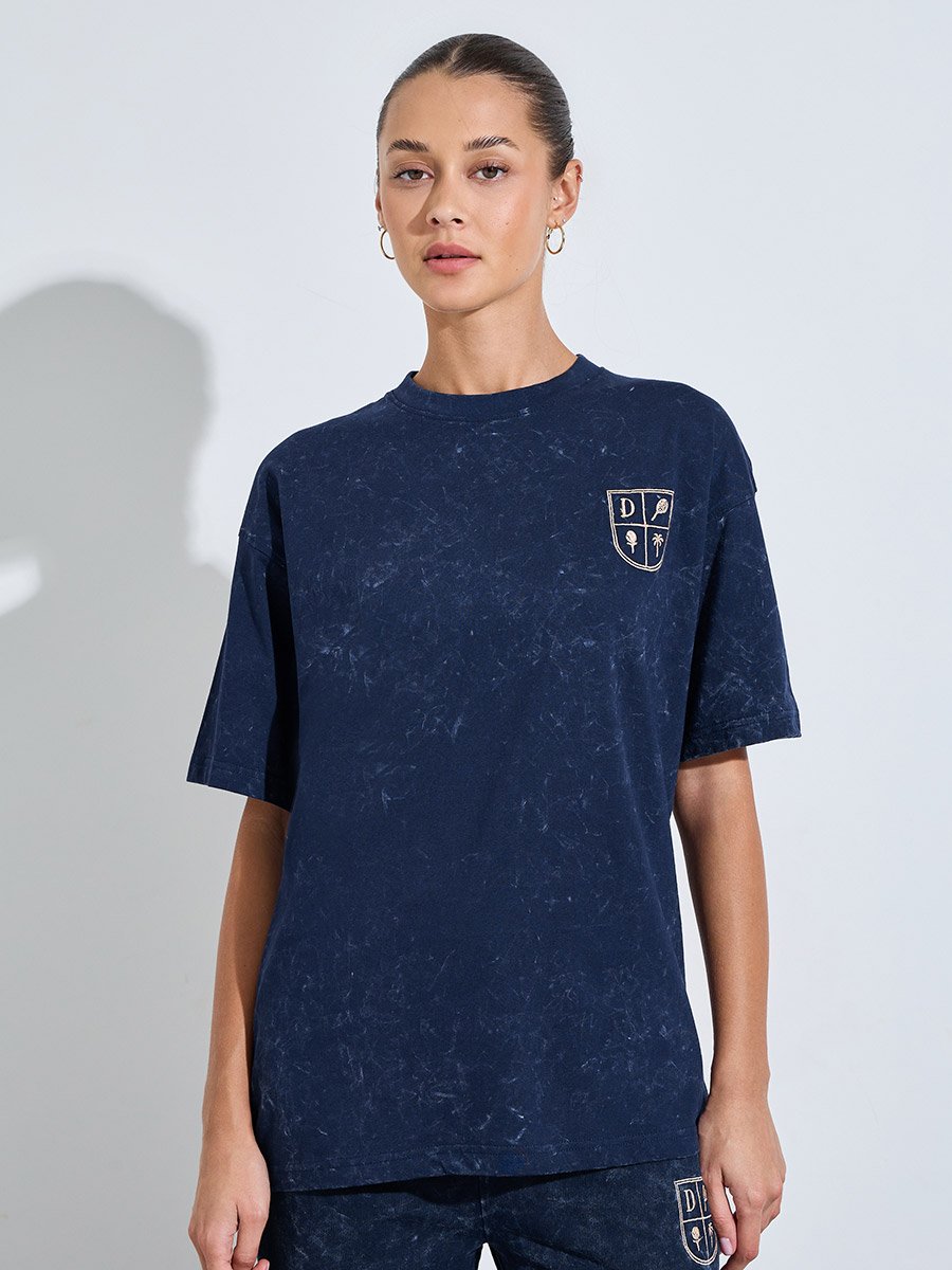 Navy Blue Acid Wash Embroidered Oversized T-Shirt