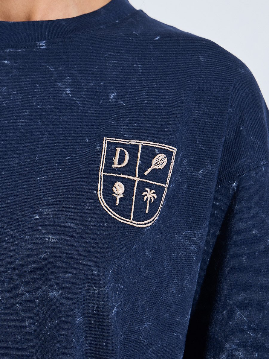 Navy Blue Acid Wash Embroidered Oversized T-Shirt
