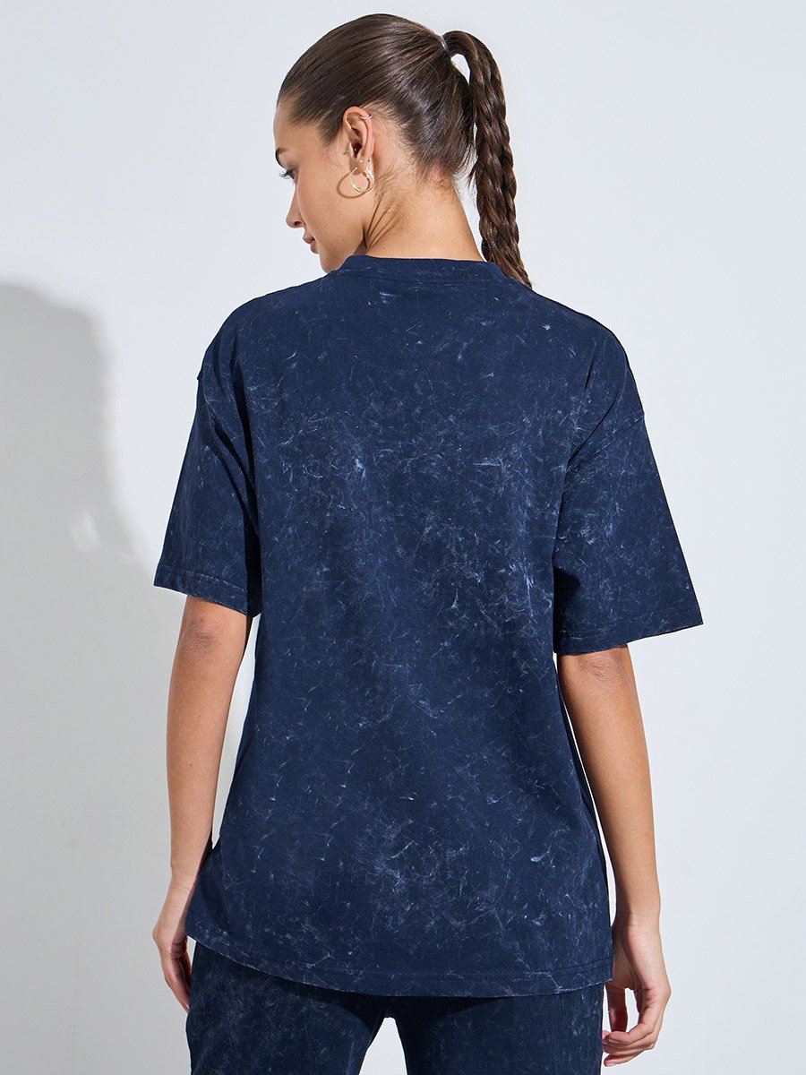 Navy Blue Acid Wash Embroidered Oversized T-Shirt