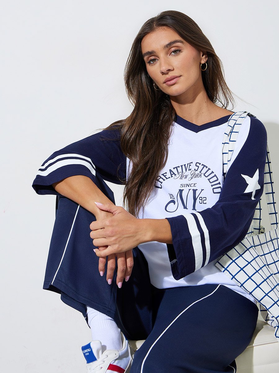 White Graphic Print Raglan 3/4 Sleeves T-Shirt