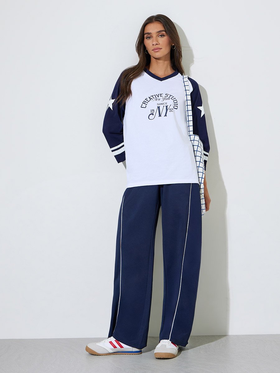 White Graphic Print Raglan 3/4 Sleeves T-Shirt