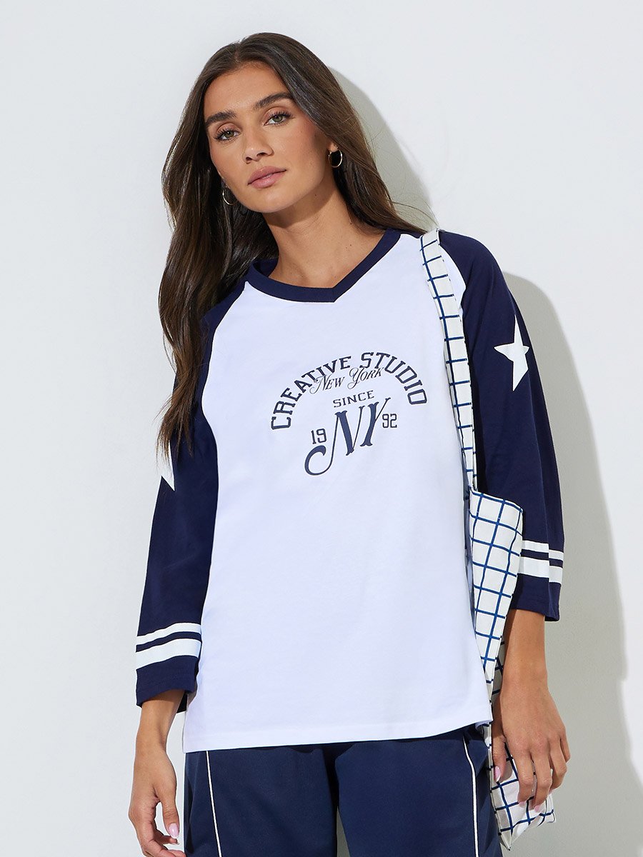 White Graphic Print Raglan 3/4 Sleeves T-Shirt