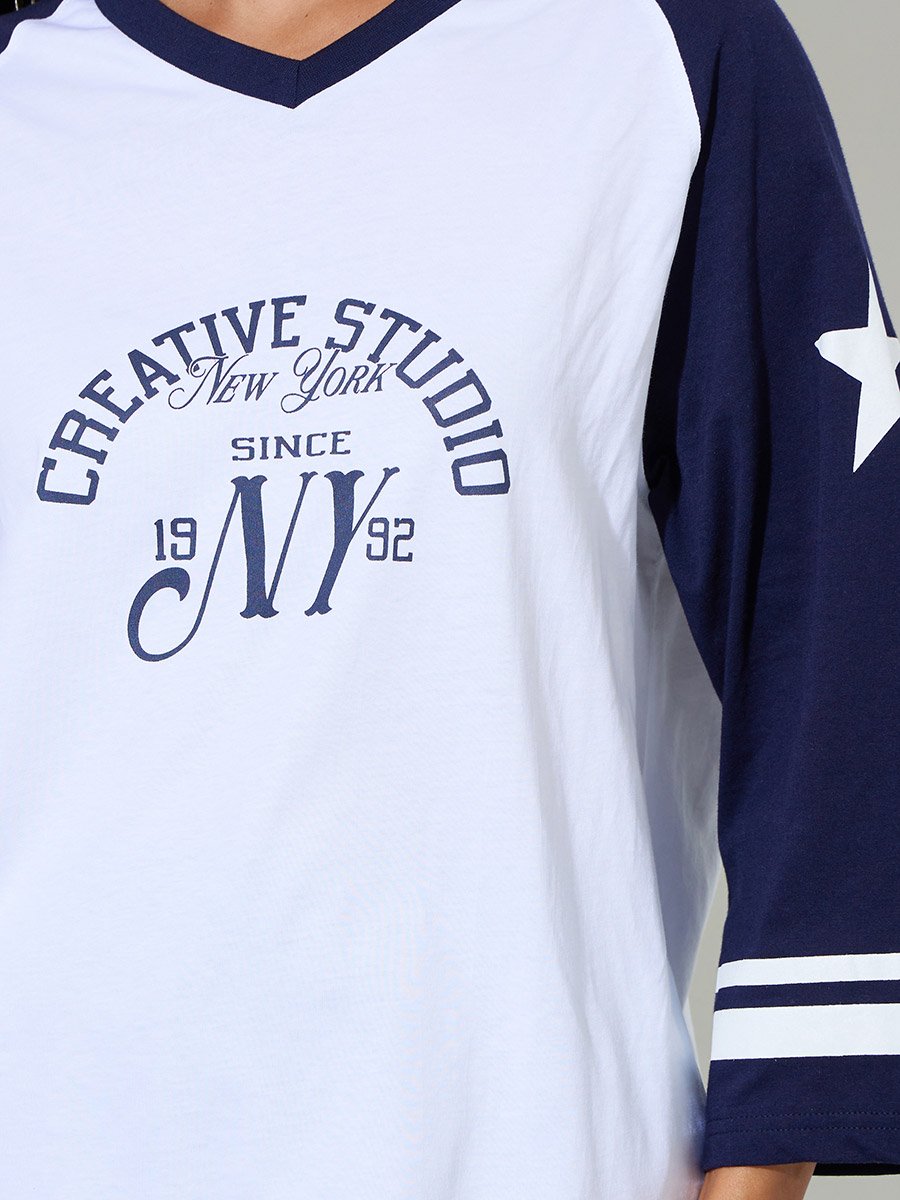 White Graphic Print Raglan 3/4 Sleeves T-Shirt