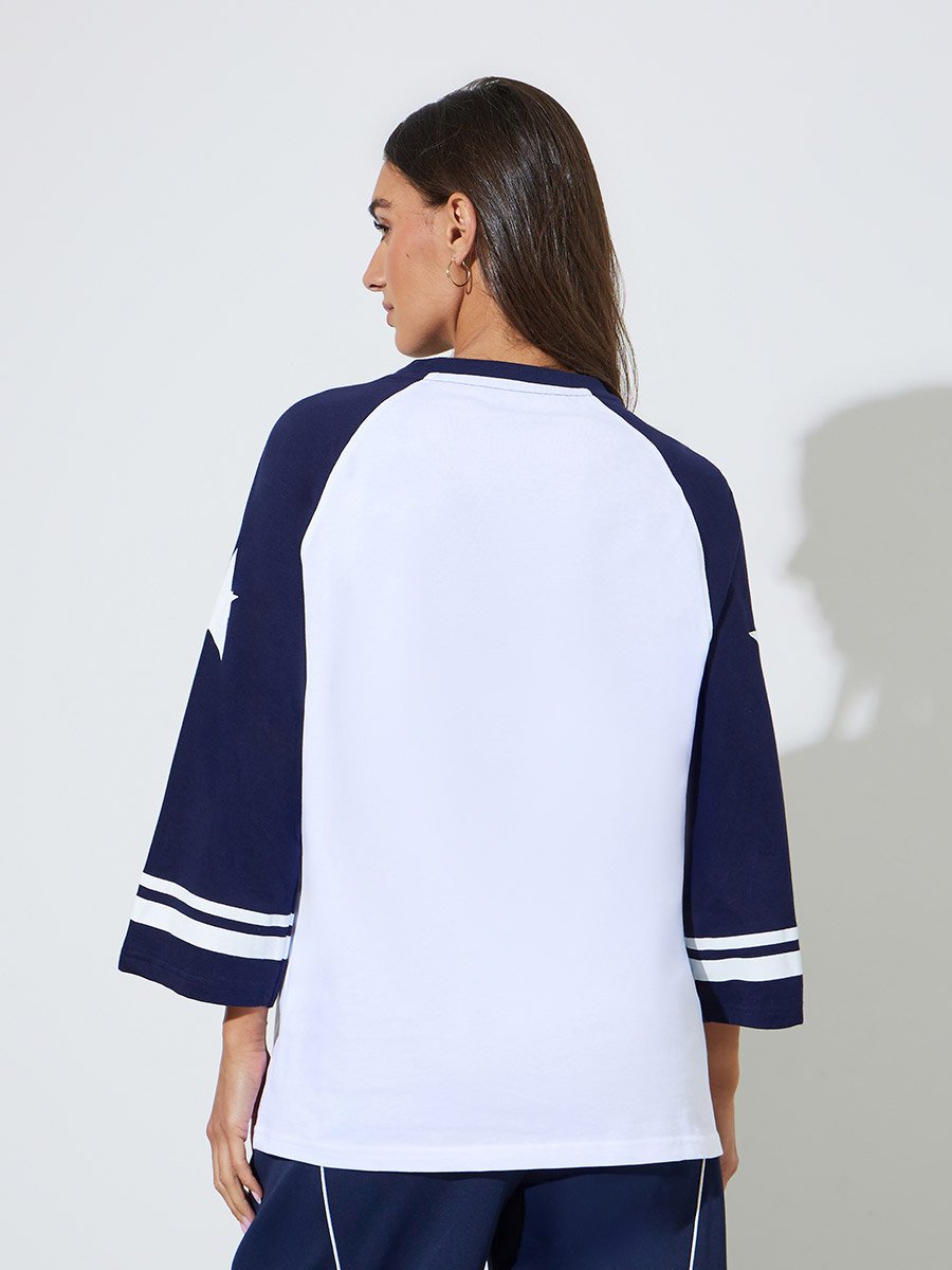 White Graphic Print Raglan 3/4 Sleeves T-Shirt