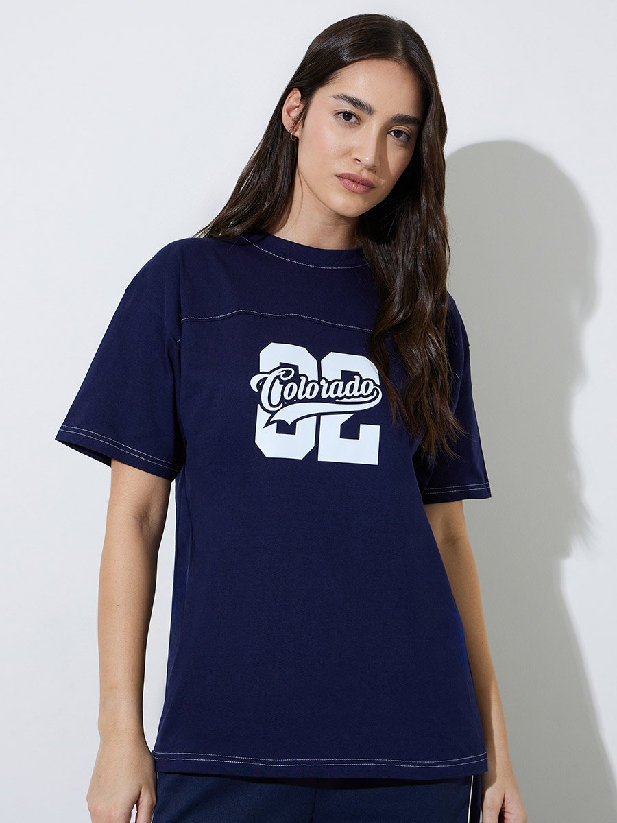 Navy Blue Graphic Print Contrast Stitching Oversized T-Shirt 