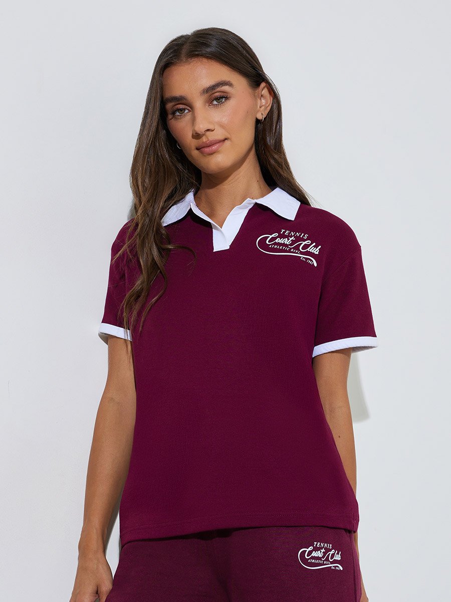 Burgundy Slogan Print Contrast Trims Polo T-Shirt
