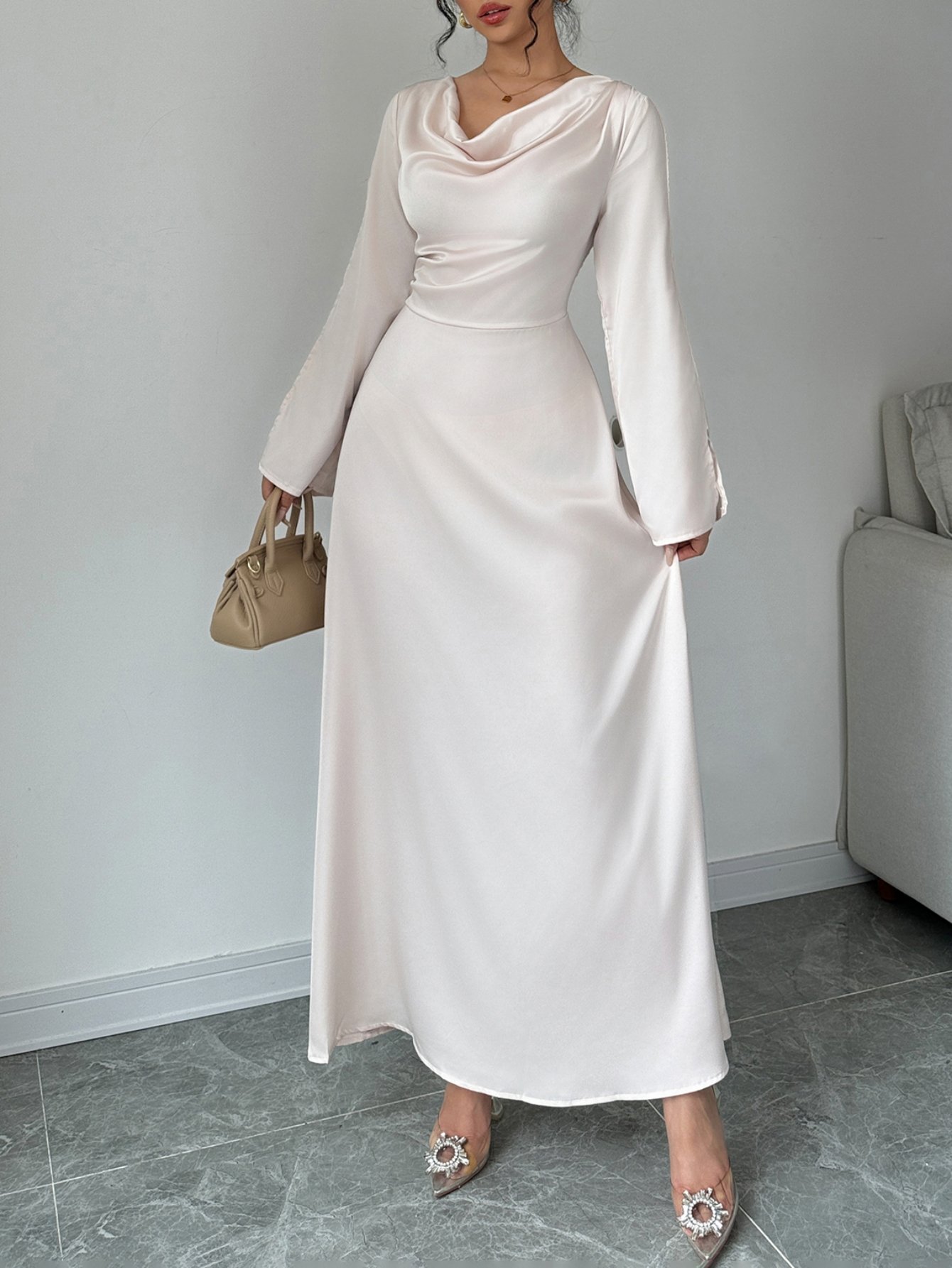Off White Cowl Neck Evening Maxi Dress