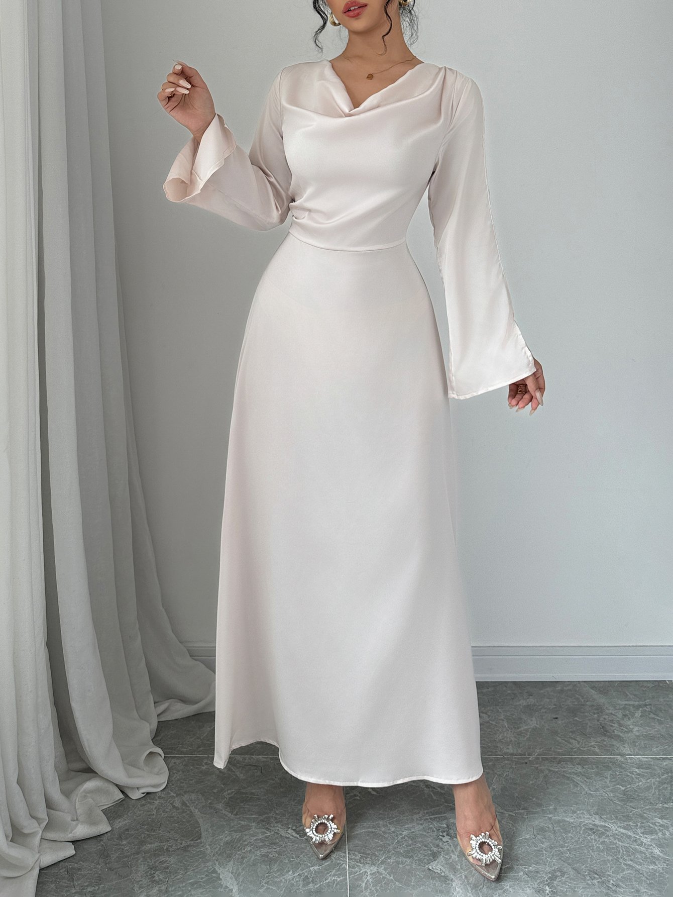 Off White Cowl Neck Evening Maxi Dress