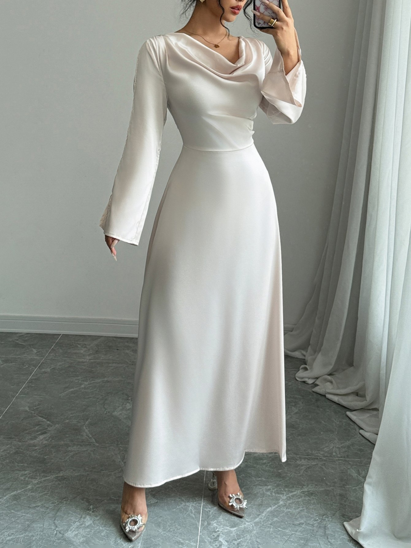 Off White Cowl Neck Evening Maxi Dress