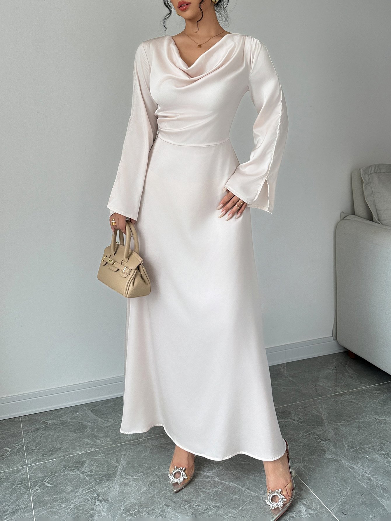 Off White Cowl Neck Evening Maxi Dress