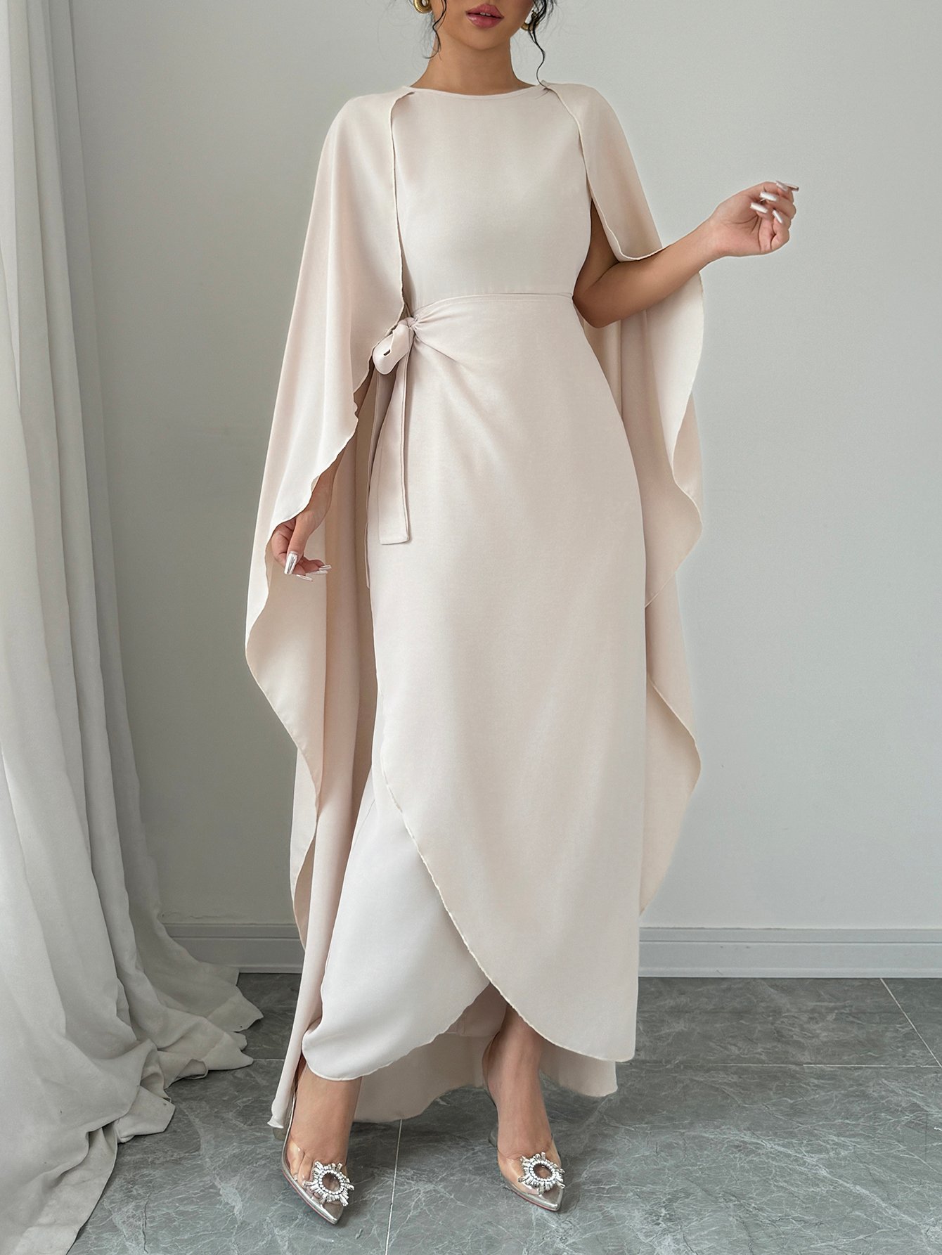 Beige Wrap Front Cape Maxi Dress