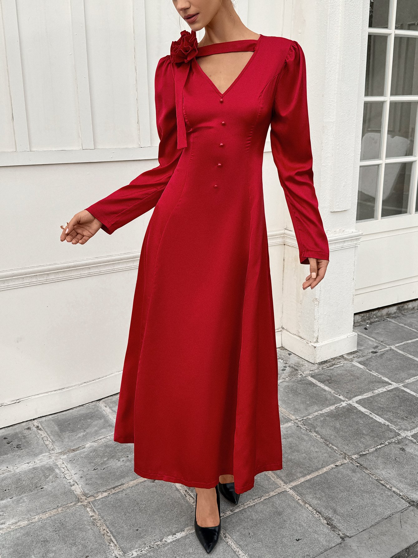 Red Red Floral Neck Long Sleeve Maxi Dress