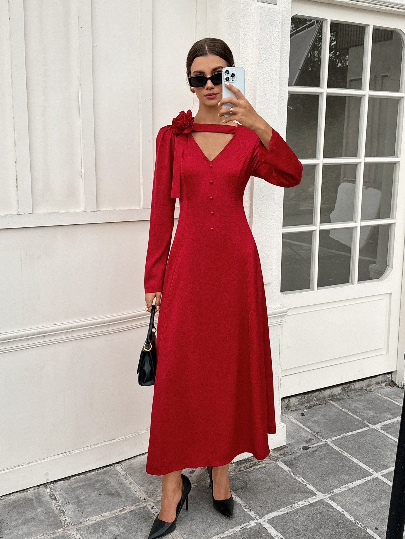 Red Red Floral Neck Long Sleeve Maxi Dress