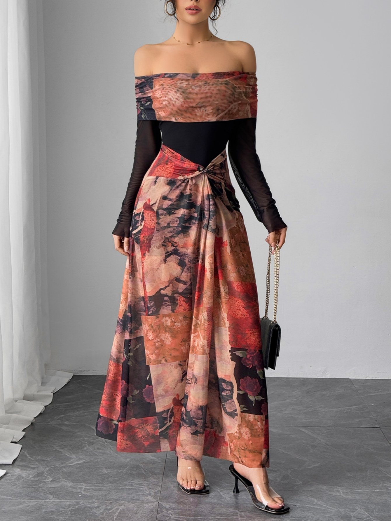 Off Shoulder Printed Maxi Dress with Sheer Sleeve