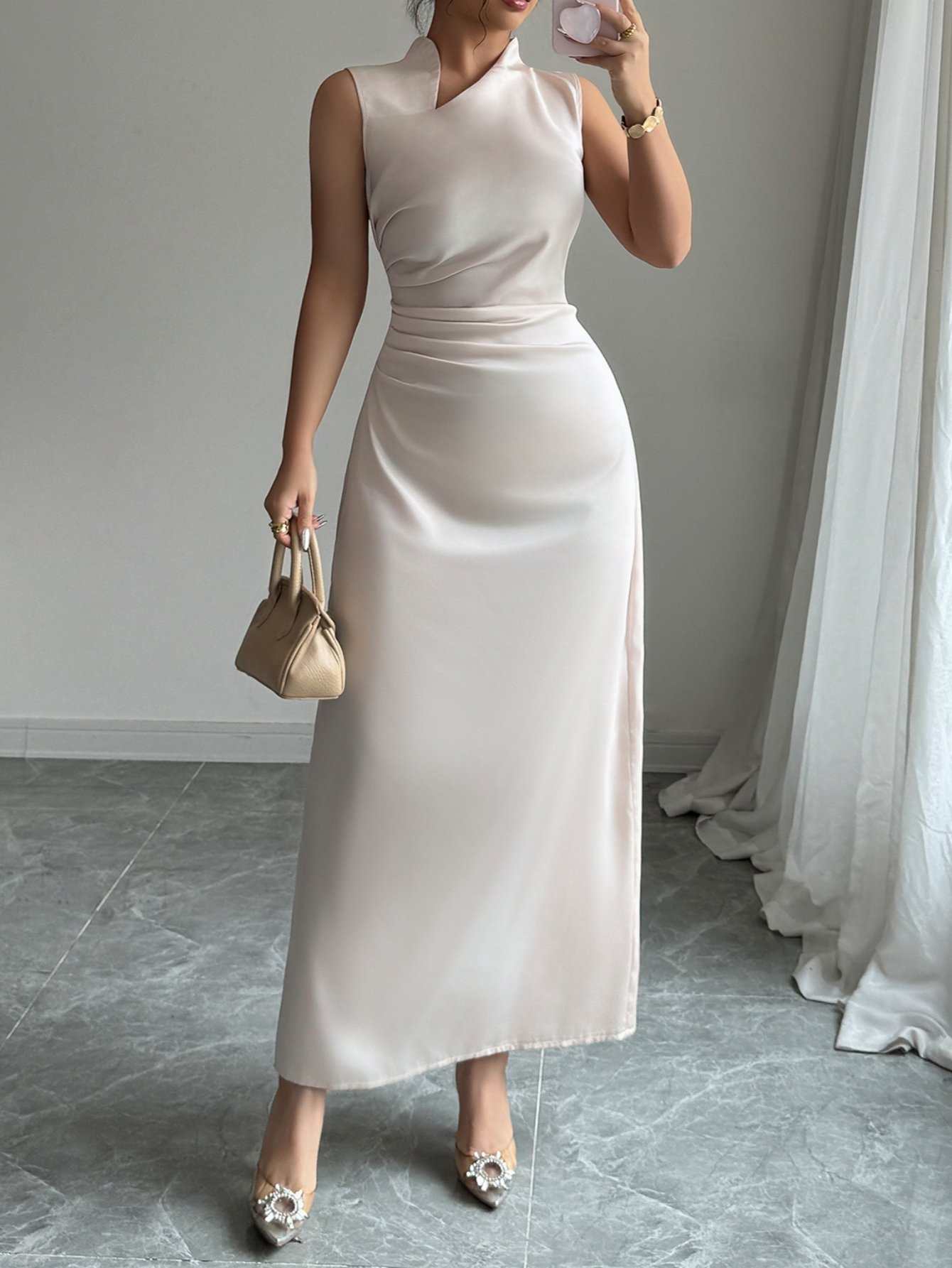 Beige Sleeveless A-Line Maxi Dress
