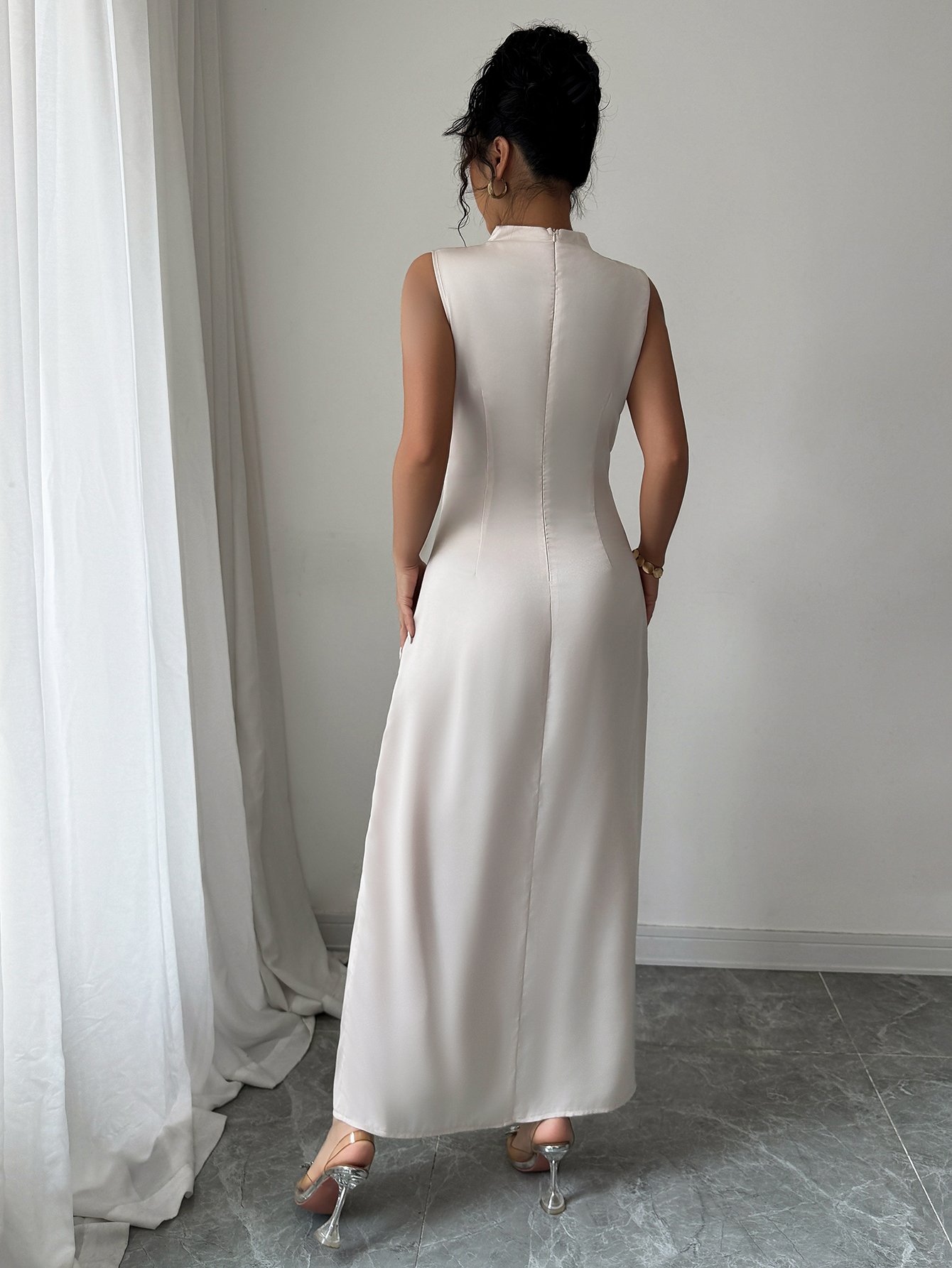 Beige Sleeveless A-Line Maxi Dress