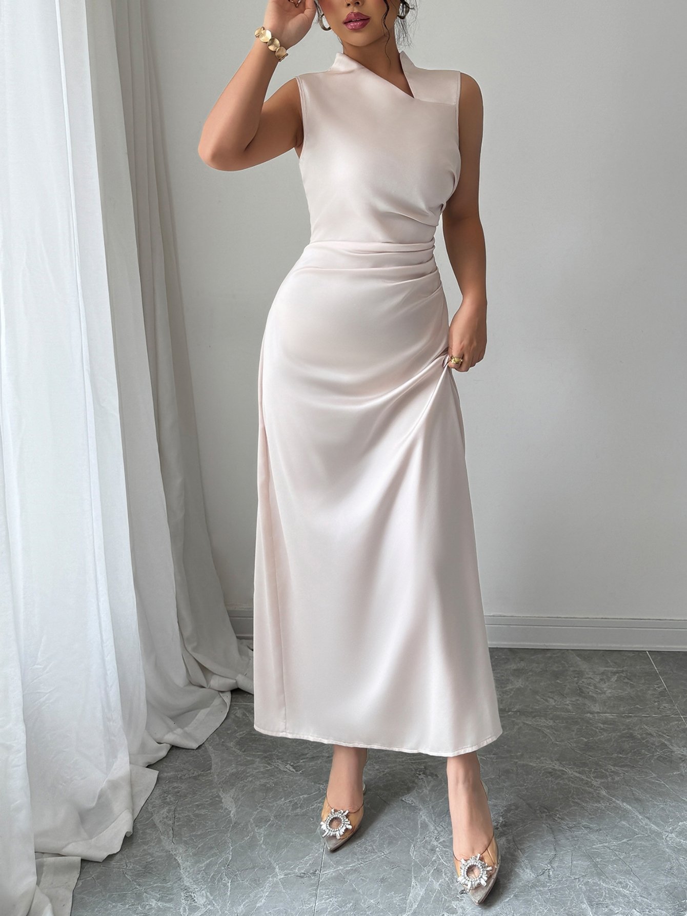 Beige Sleeveless A-Line Maxi Dress