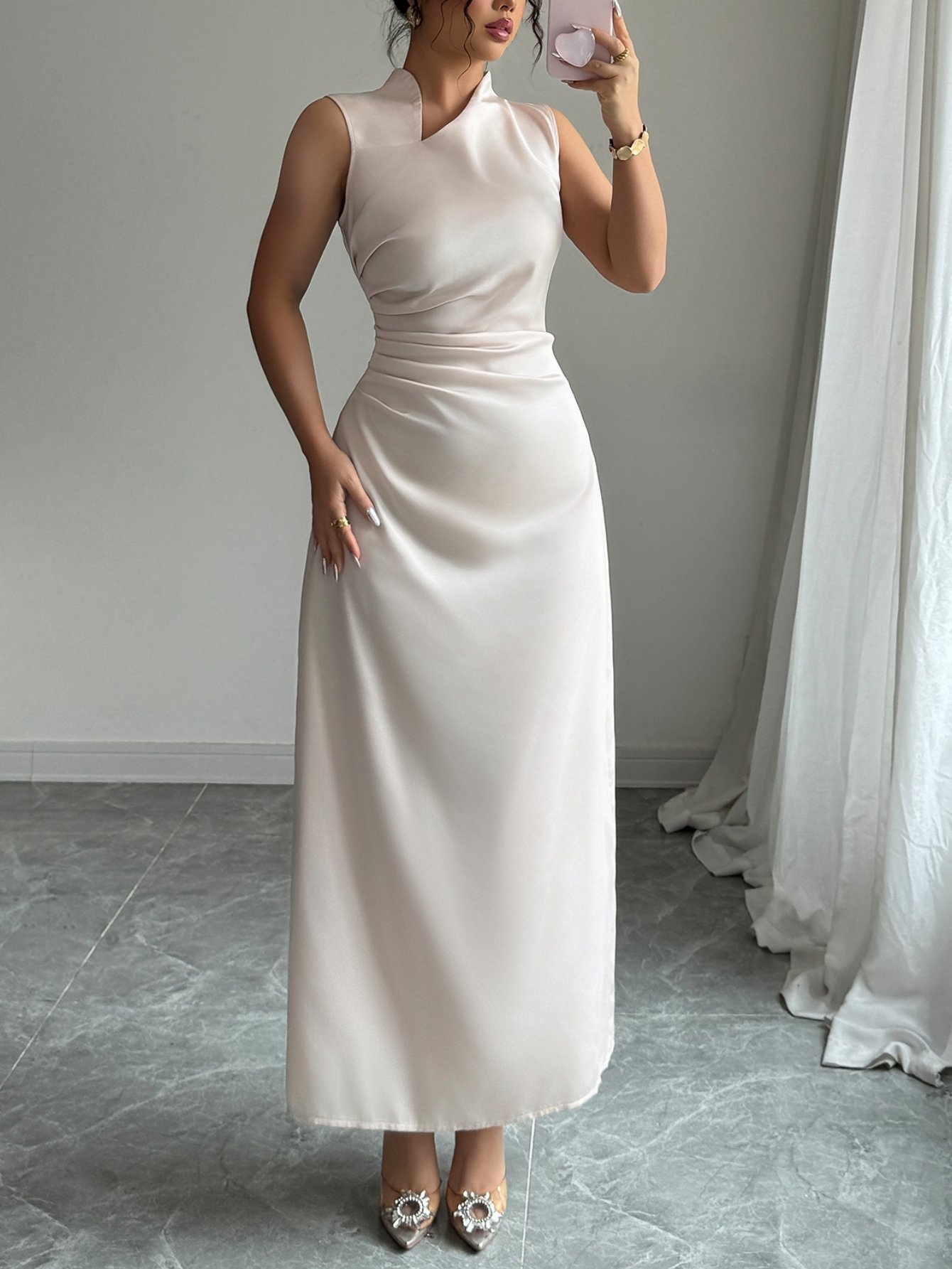 Beige Sleeveless A-Line Maxi Dress