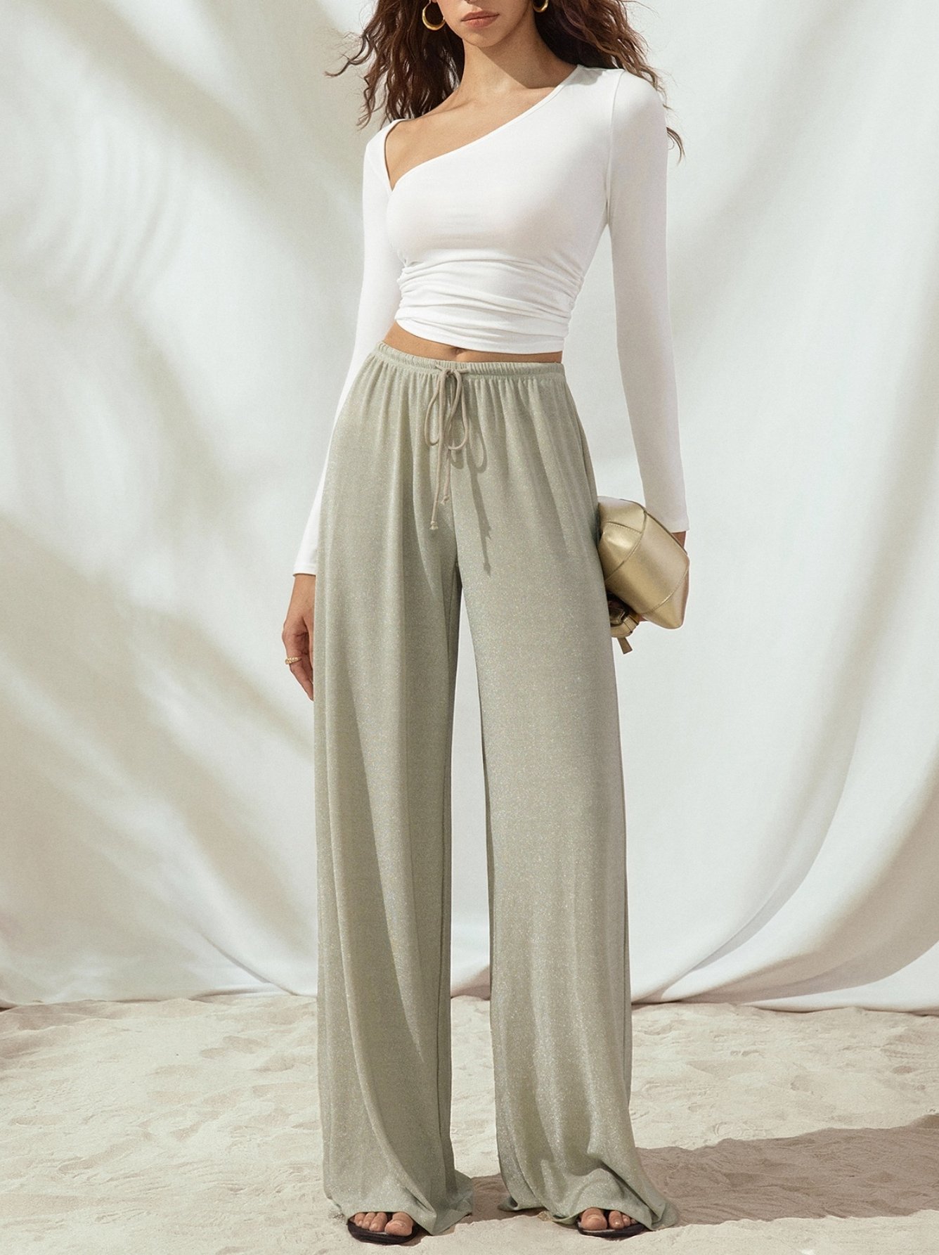 Silver Shimmer-Look Wide Leg Pants