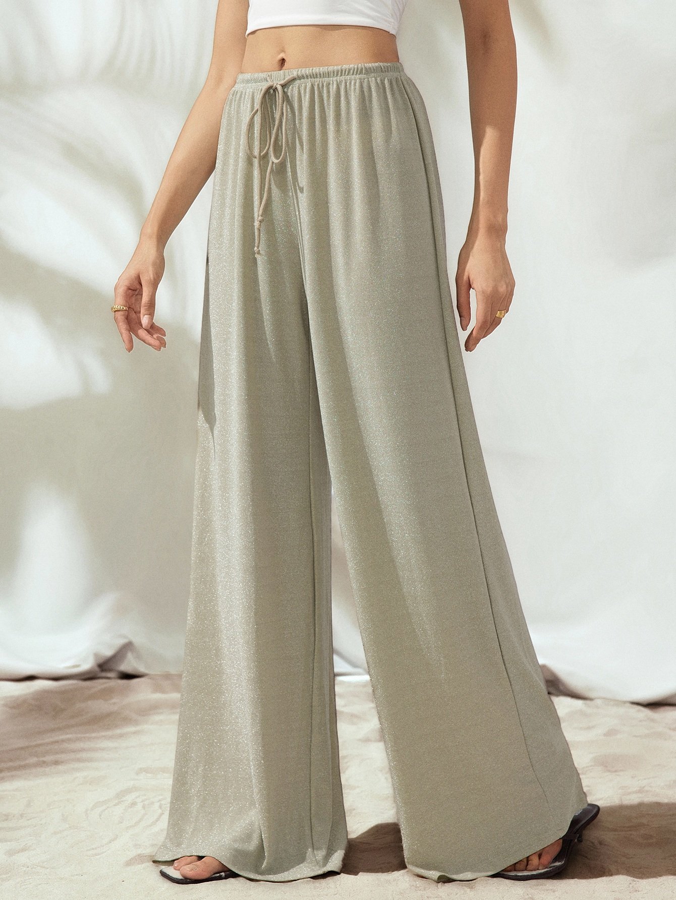 Silver Shimmer-Look Wide Leg Pants