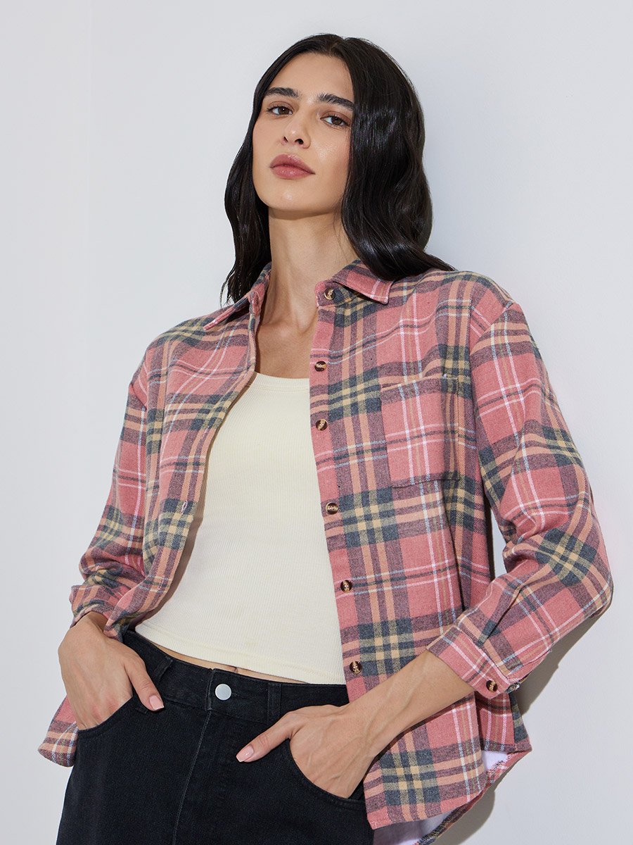Pink Plaid Buttoned Shacket