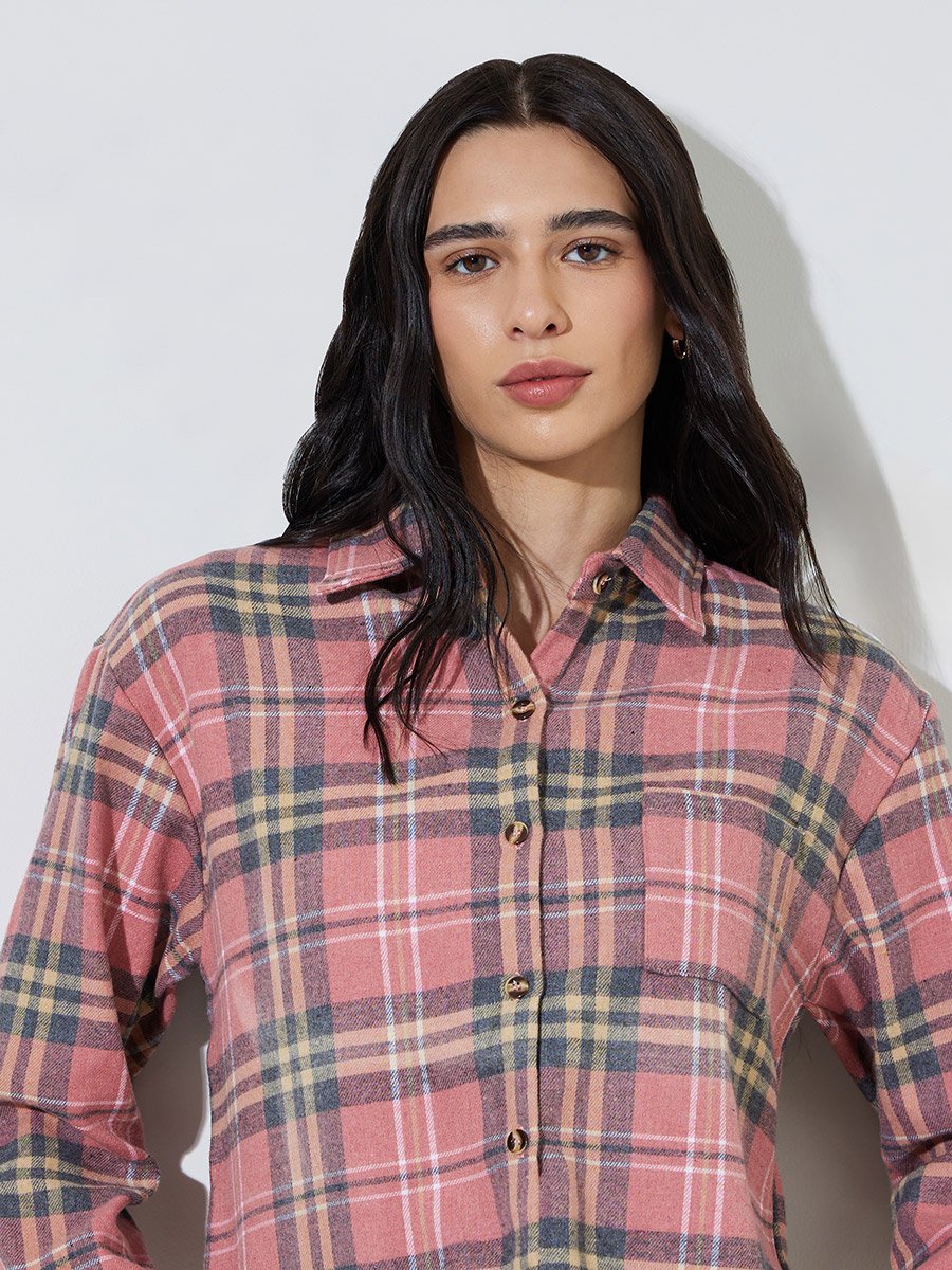 Pink Plaid Buttoned Shacket