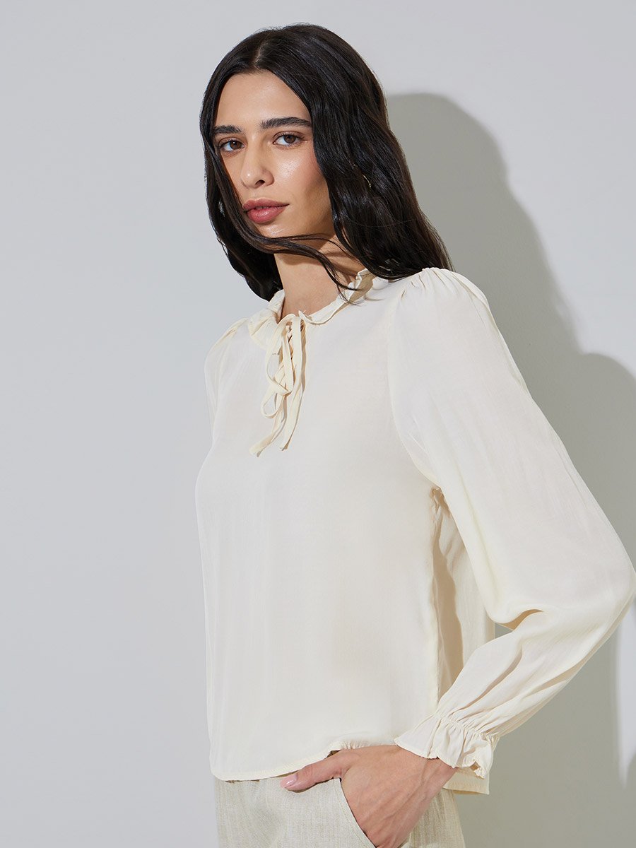 Cream Long Sleeve Blouse with Tie Neck Detail