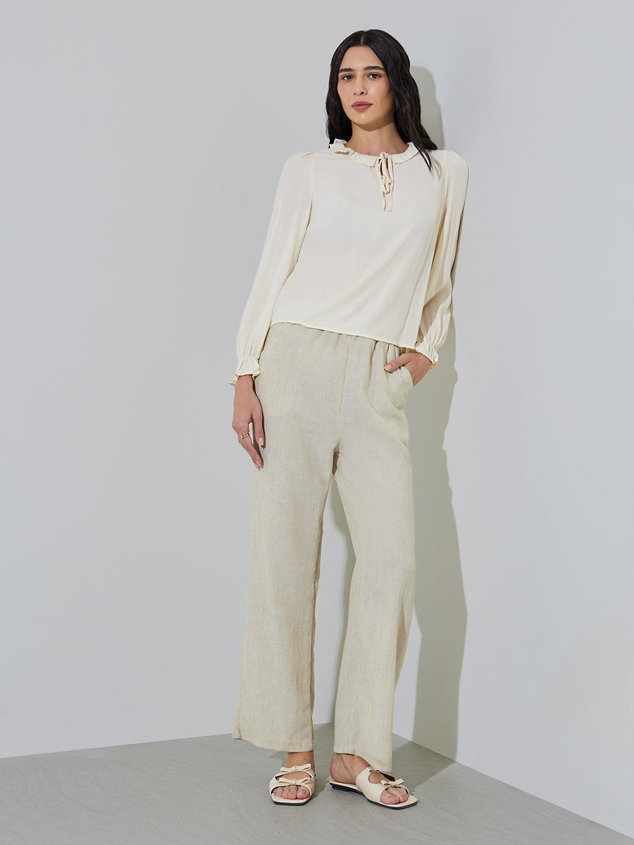 Cream Long Sleeve Blouse with Tie Neck Detail
