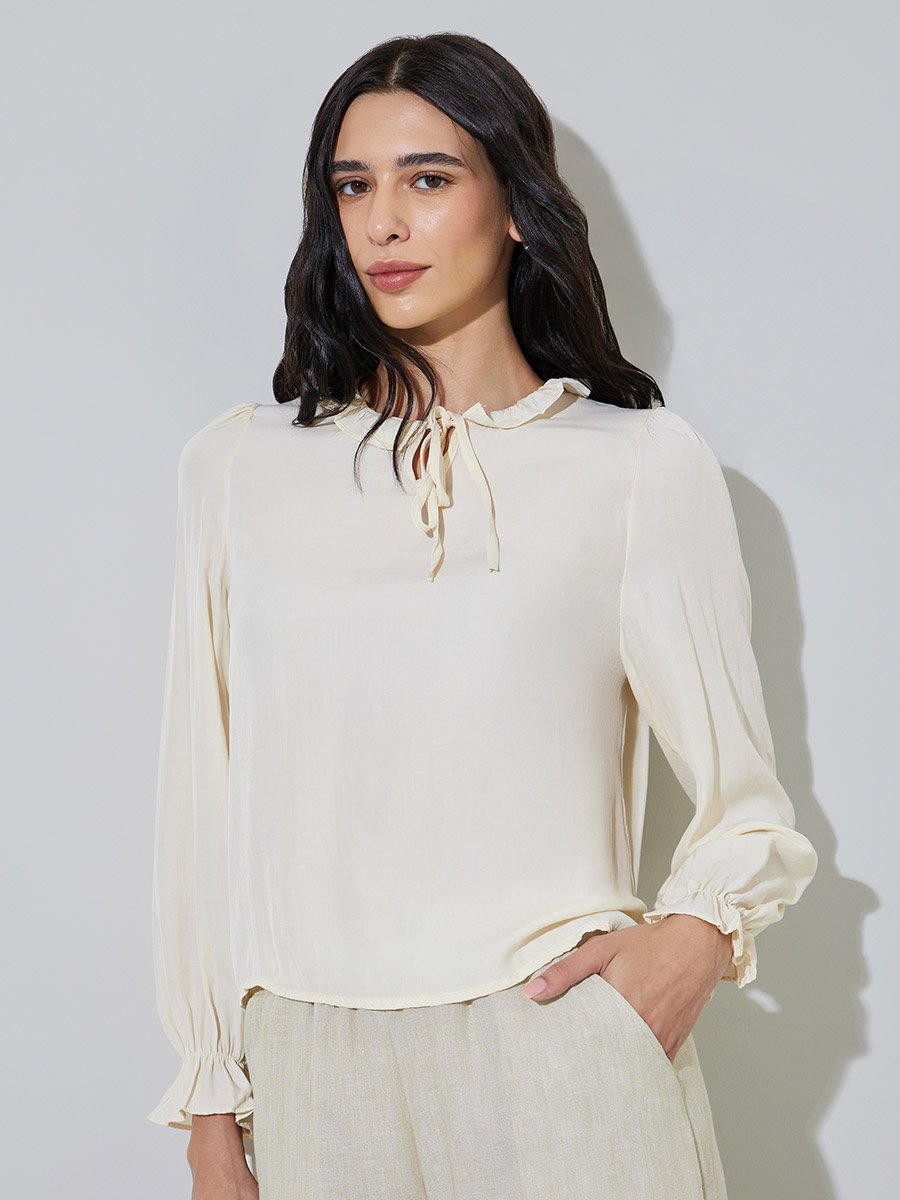 Cream Long Sleeve Blouse with Tie Neck Detail