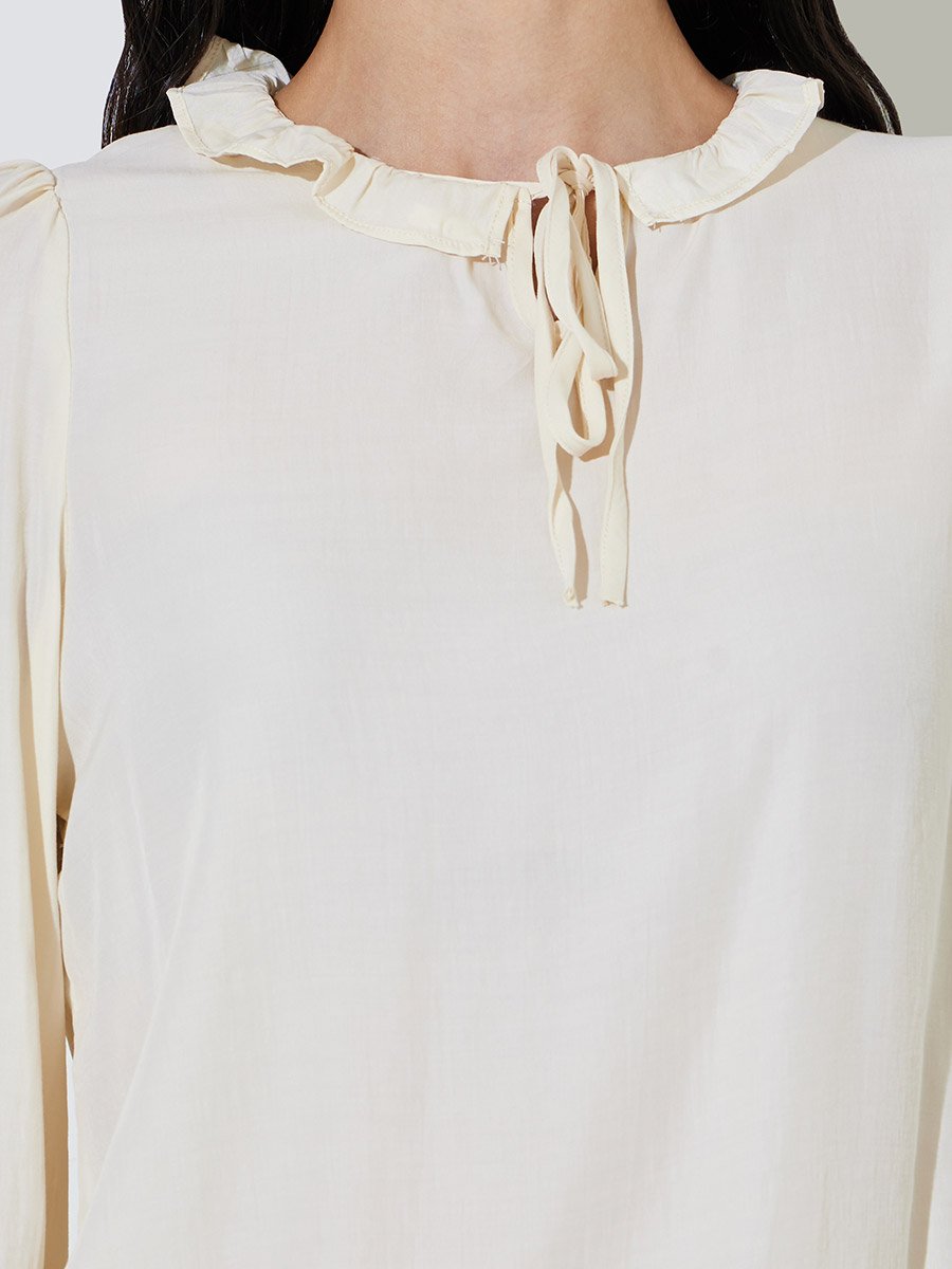 Cream Long Sleeve Blouse with Tie Neck Detail